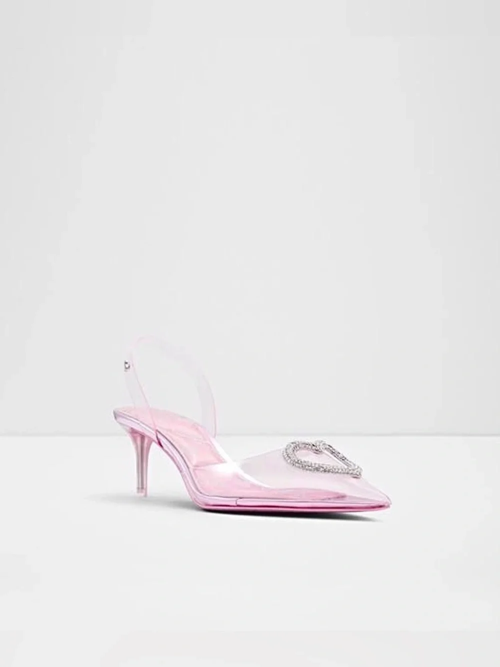 ALDO × Barbie Slingback Heels in Clear Pink with Crystal Heart Gems